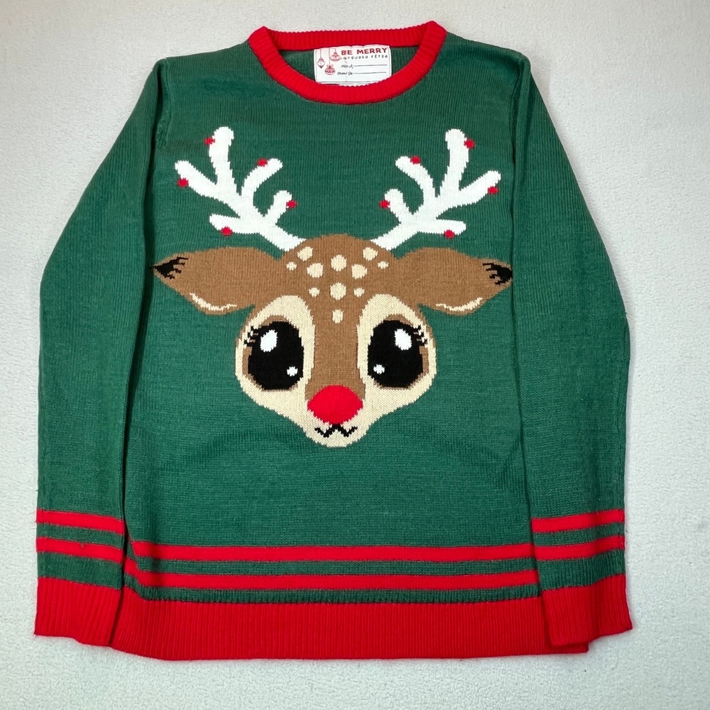 Be Merry Reindeer Ugly Christmas Sweater Green Red Medium Holiday Knit Pullover